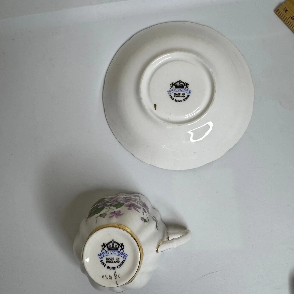 Royal Victoria Fine Bone China Tea Cup and Saucer Set Violets Gold Trim England